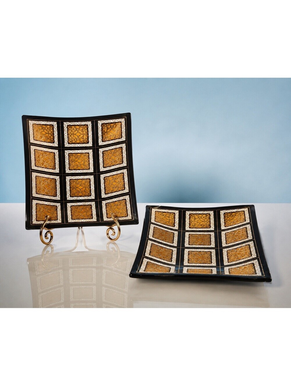 Japanese Vintage 1920s 2 Nuts Dishes Trays Geometric Gold Black Glass, 4x4.5”